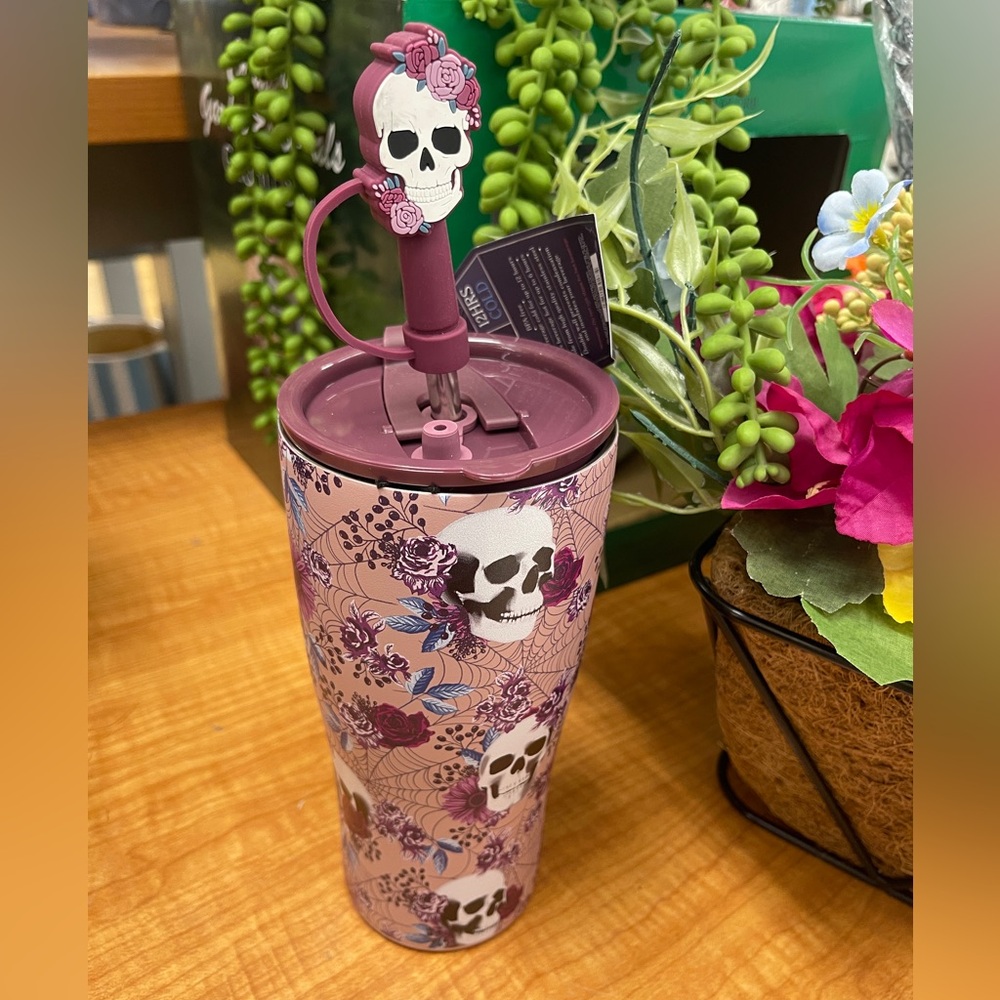 Halloween Skull & Roses Pink Insulated Stainless Tumbler w/Lid & Straw NWT